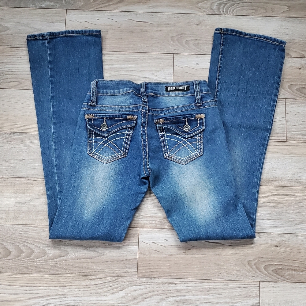 Red Rivet Bootcut Distressed Jeans - Picture 13 of 15